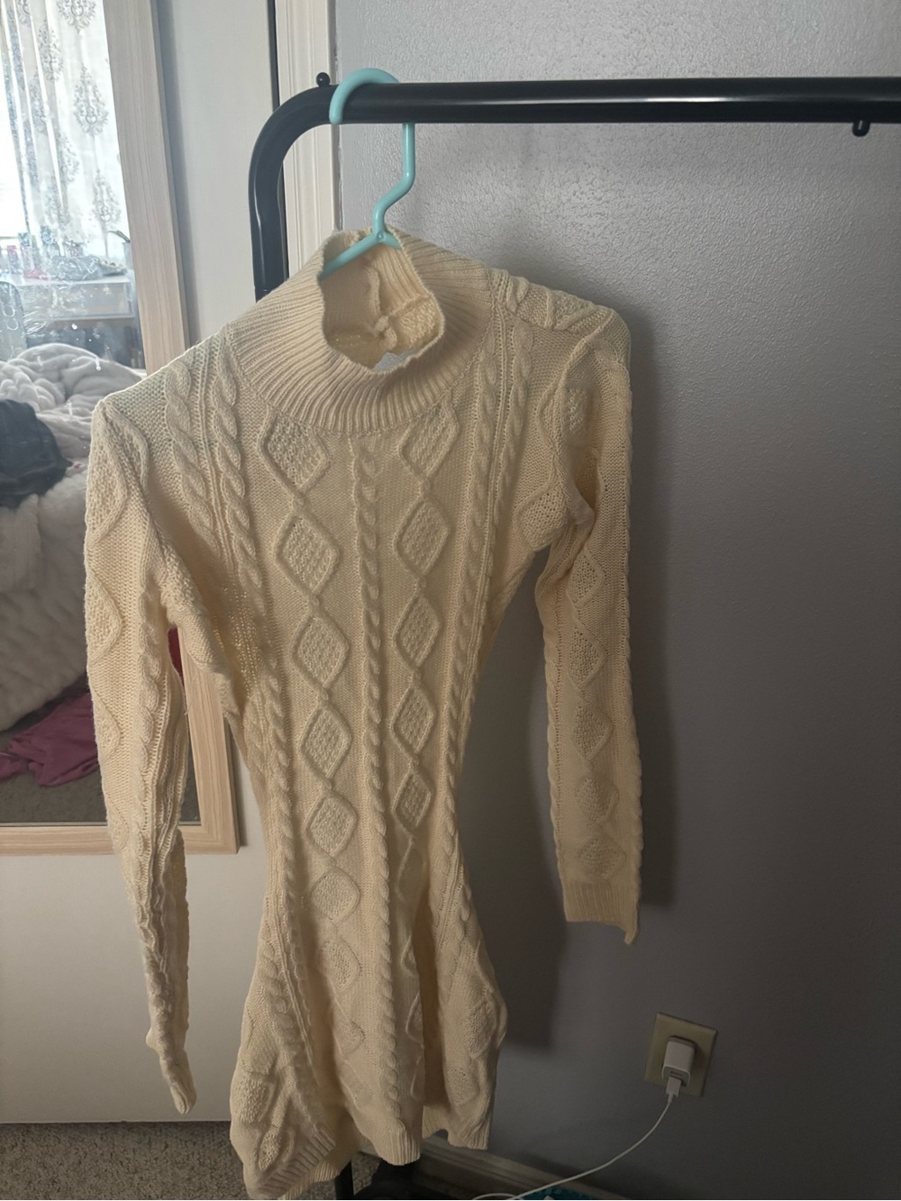 Cream Cable Knit Turtleneck Women's Sweater Dress